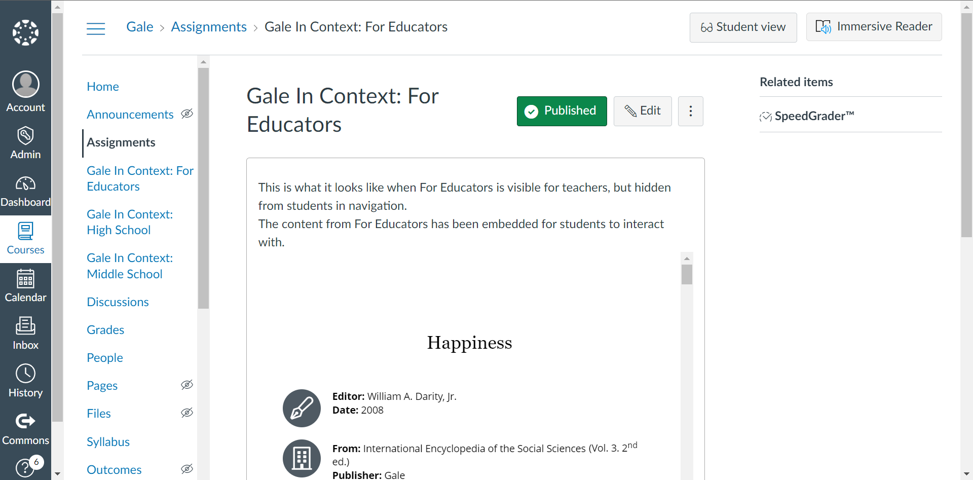 This screenshot is from a course showing an article from Gale In Context: For Educators embedded in an assignment in Canvas. Notice the left-hand navigation reveals a links to three Gale resources - Gale In Context: High School, Gale In Context: Middle School, and Gale In Context: For Educators.