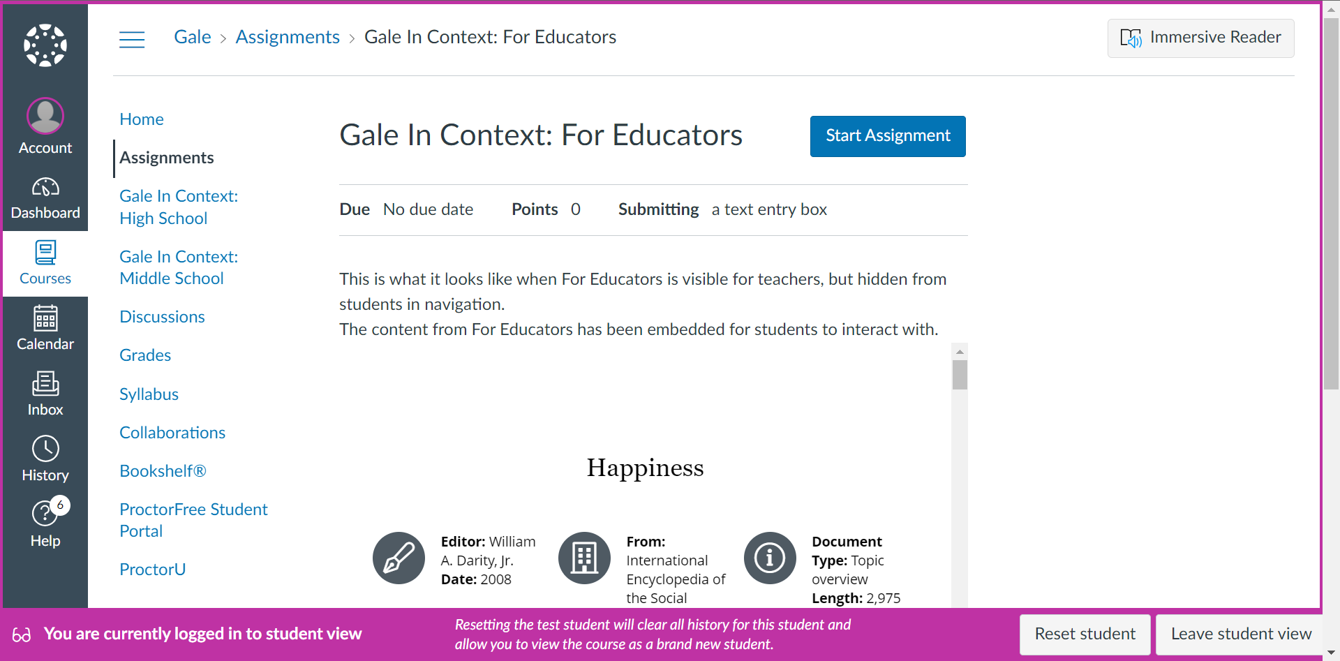 This screenshot shows the same course from Gale In Context: For Educators in a course assignment in Canvas. Notice the left-hand navigation features links to two student facing databases, Gale In Context: High School and Gale In Context: Middle School. Access to Gale In Context: For Educators is hidden in navigation. The content is still available in the assignment.