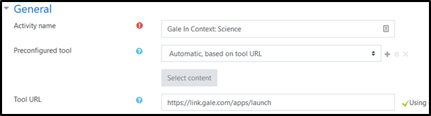 Gale Apps tool configuration. Name, Preconfigured Tool, Tool URL.