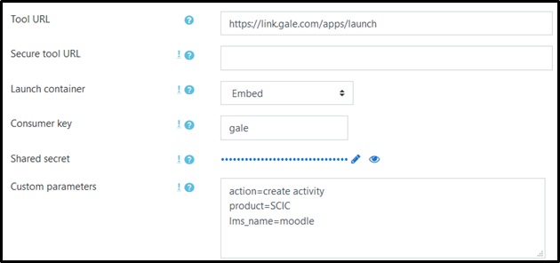 Gale apps customer parameters and consumer key/shared secret.