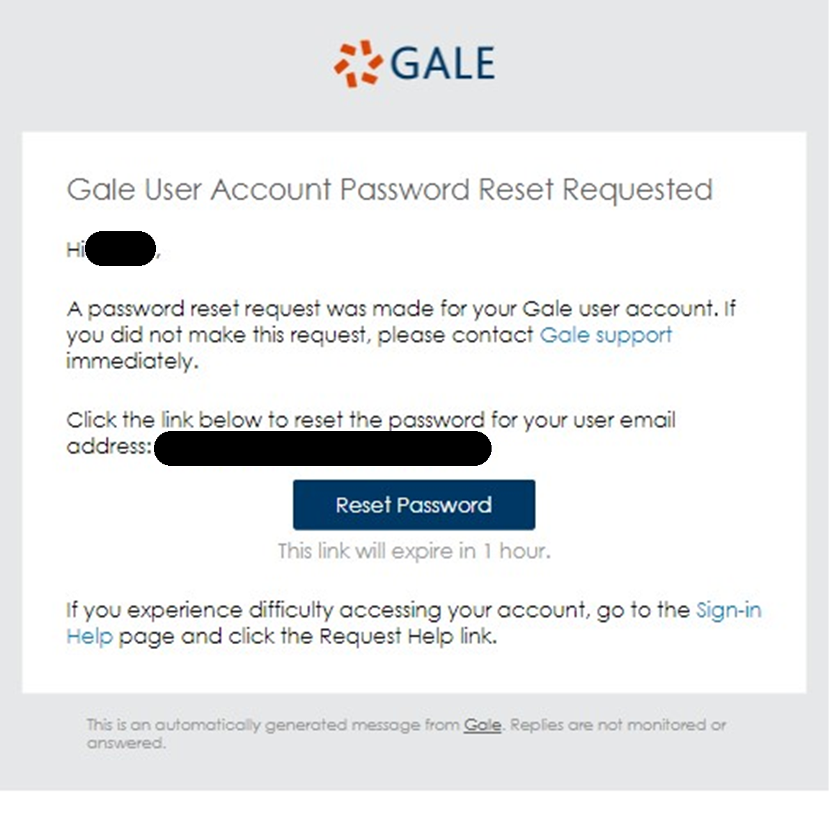 Gale User Account Password Reset Requested